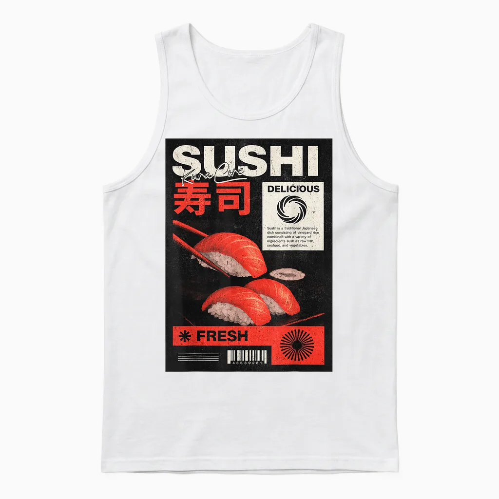 Sushi Japan Streetwear Fashion Cyberpunk Y2k Retro Manga Anime T-Shirt, Black, S Unisex Tank Top in White