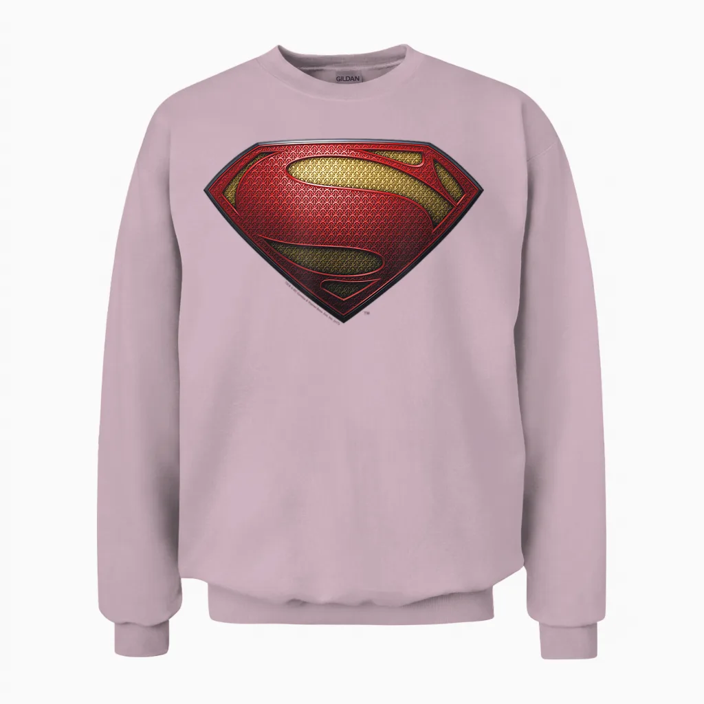 Superman Man of Steel Shield T-Shirt, Black Unisex Sweatshirt in Light Pink