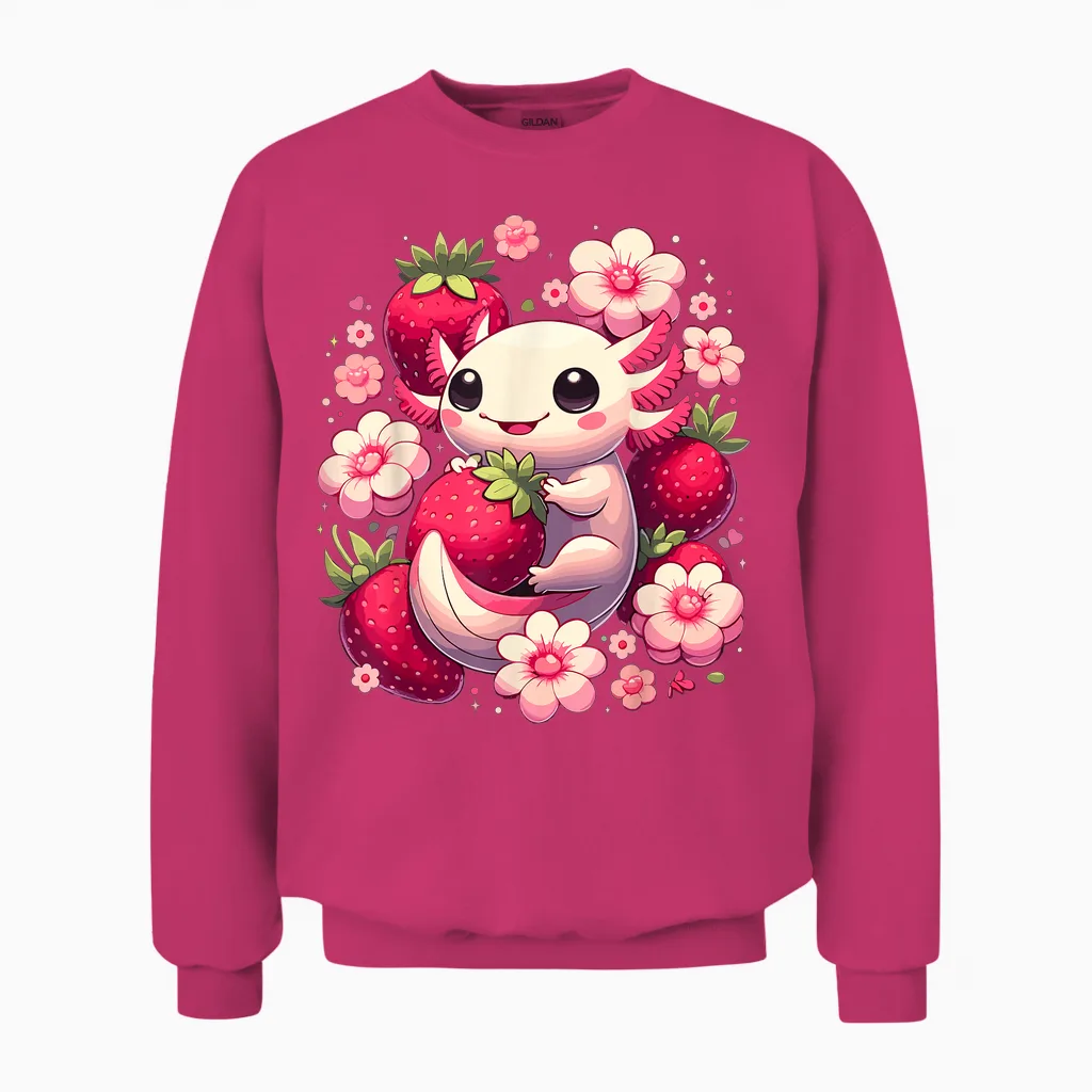 Cute Axolotl Kawaii Anime Axolotl Strawberry T-Shirt, Black, S Unisex Sweatshirt in Heliconia