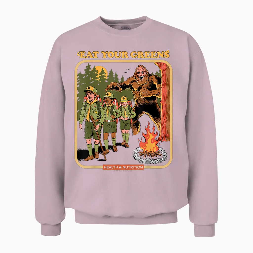 Eat Your Greens Bigfoot Sasquatch Retro Funny Adult Humor Unisex Sweatshirt in Light Pink
