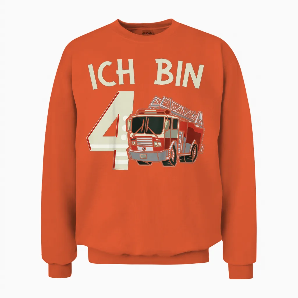 Children's 4th Birthday T-Shirt Fire Brigade Ich Bin 4, Black Unisex Sweatshirt in Orange
