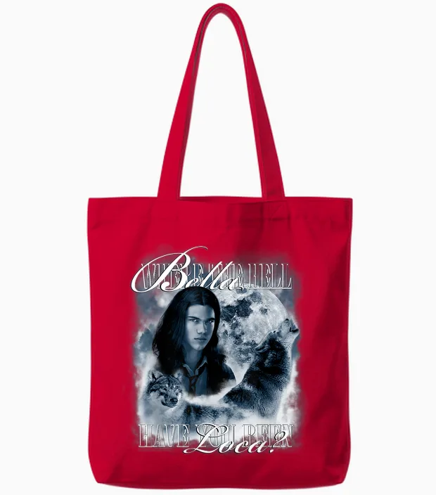 Twilight Saga Retro Jacob Wolf Moon Loca Movie Tote Bags in Red