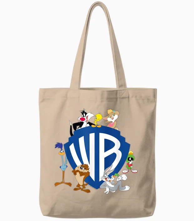 Wb 100: Looney Tunes Wb Shield Logo with Bugs, Taz, Tweety T-Shirt, Gray Tote Bags in Natural