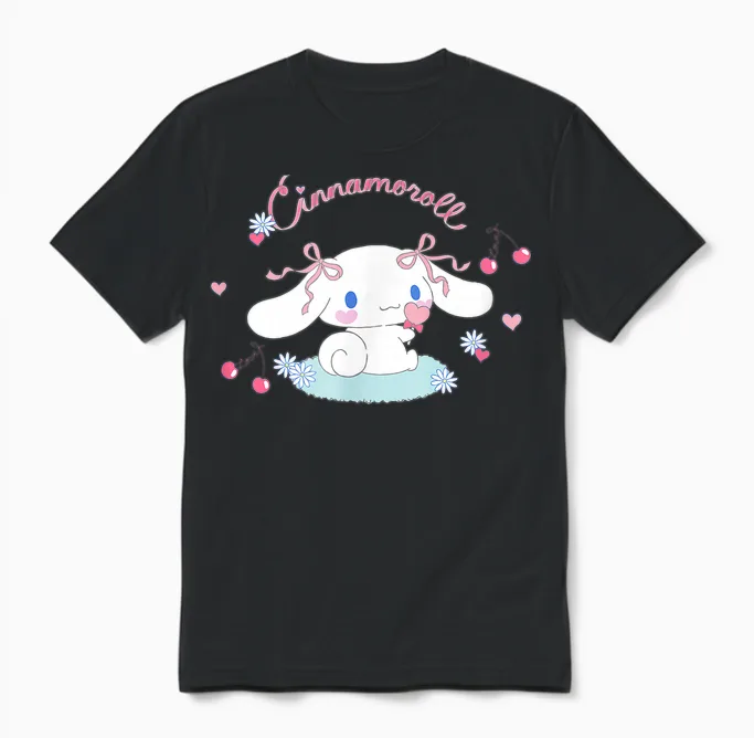 Sanrio Cinnamoroll Cherry Love Unisex T-Shirt, White, Small, Short Sleeve, Classic Fit, All Seasons Unisex T-Shirt in Black