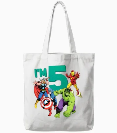 Kids Marvel Avengers Cute 5th Birthday I'm 5 T-Shirt, Black Tote Bags - White
