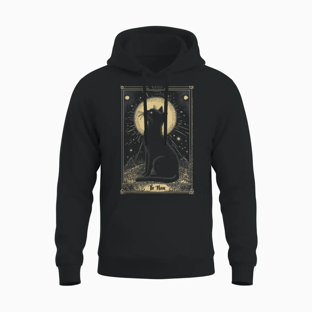 Gothic Tarot Card the Moon Cat Crescent Mystical Art T-Shirt, Black, S Unisex Hoodie in Black