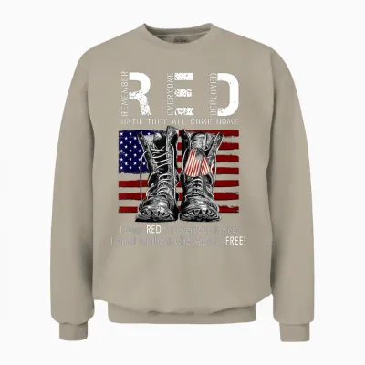 On Friday We Wear Red Military R.e.d Friday Military Remember Everyone Deployed Unisex-Adults Us Flag T-Shirt Black Small Classic Fit Short Sleeve Unisex Sweatshirt - Sand