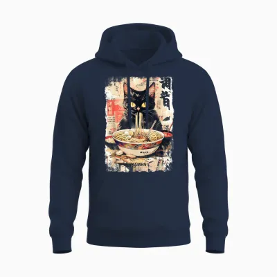Cat Ramen Noodle Japanese Anime Manga Ramen Kawaii Cat T-Shirt, Black Unisex Hoodie - Navy