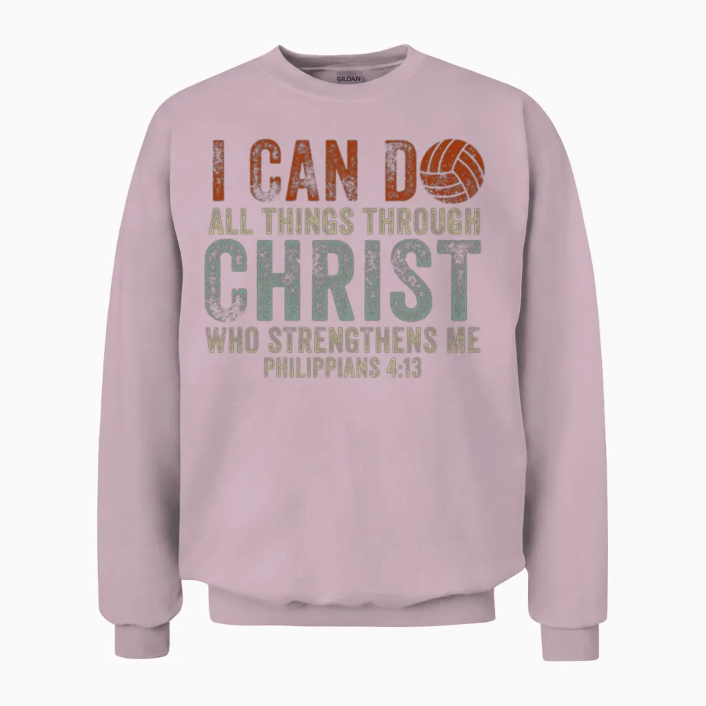 I Can Do All Things Through Volleyball Unisex Sweatshirt in Light Pink