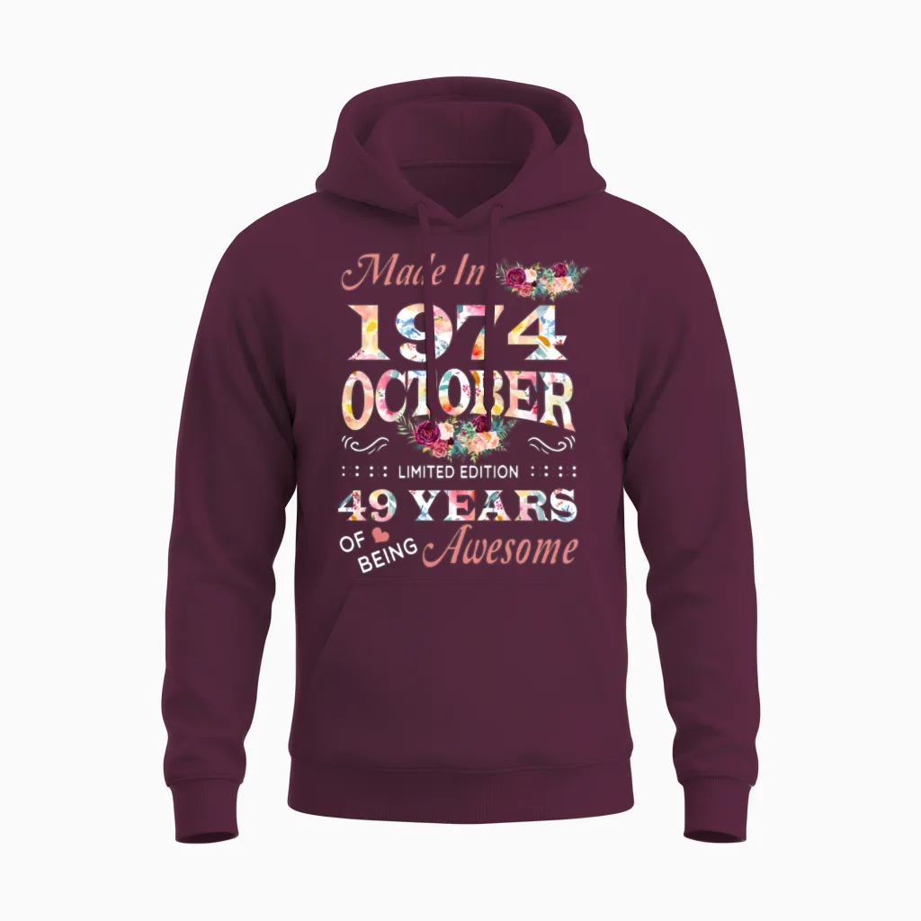 October 1974 Flower 49 Years of Being Awesome Unisex Hoodie in Maroon
