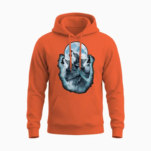 Wolf Wild Animals Full Moon Three Howling Wolves T-Shirt, Black, S Unisex Hoodie - Orange