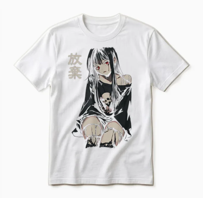 Anime Horror Girl Aesthetic Soft Grunge Waifu Japanese Girl T-Shirt, Black, S Unisex T-Shirt in White
