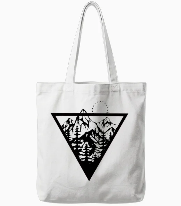 Triangle with Mountains and Birds Tote Bags in White