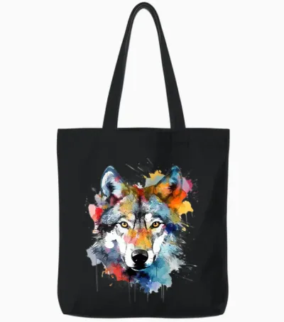 Wolfskopf Aquarell T-Shirt Damen Schwarz Small Eu 38 V-Ausschnitt Kurzarm Klassische Passform Baumwolle 50% Polyester 50% Tierdruck Wildnis Einzigartiges Wolf-Design 1 Count Tote Bags - Black