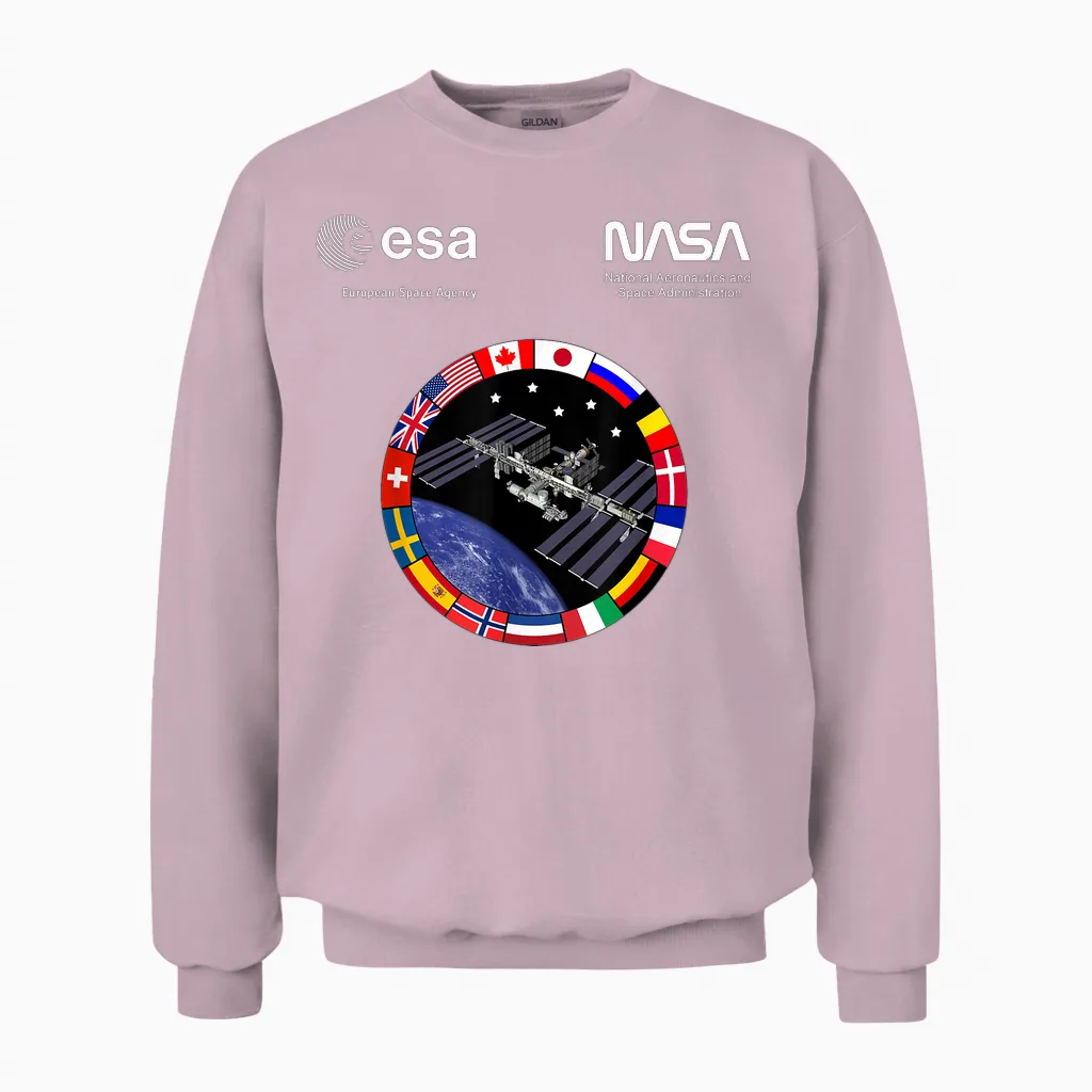 Nasa Worm and Esa Logo Iss International Space Station Unisex Sweatshirt in Light Pink