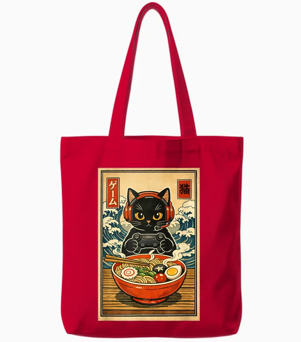 Kawaii Gamer Cat Funny Ramen Retro Cute Japanese Cat Gaming Tote Bags in Red
