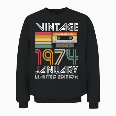 50th Birthday Vintage January 1974 Limited Edition Unisex Sweatshirt - Black