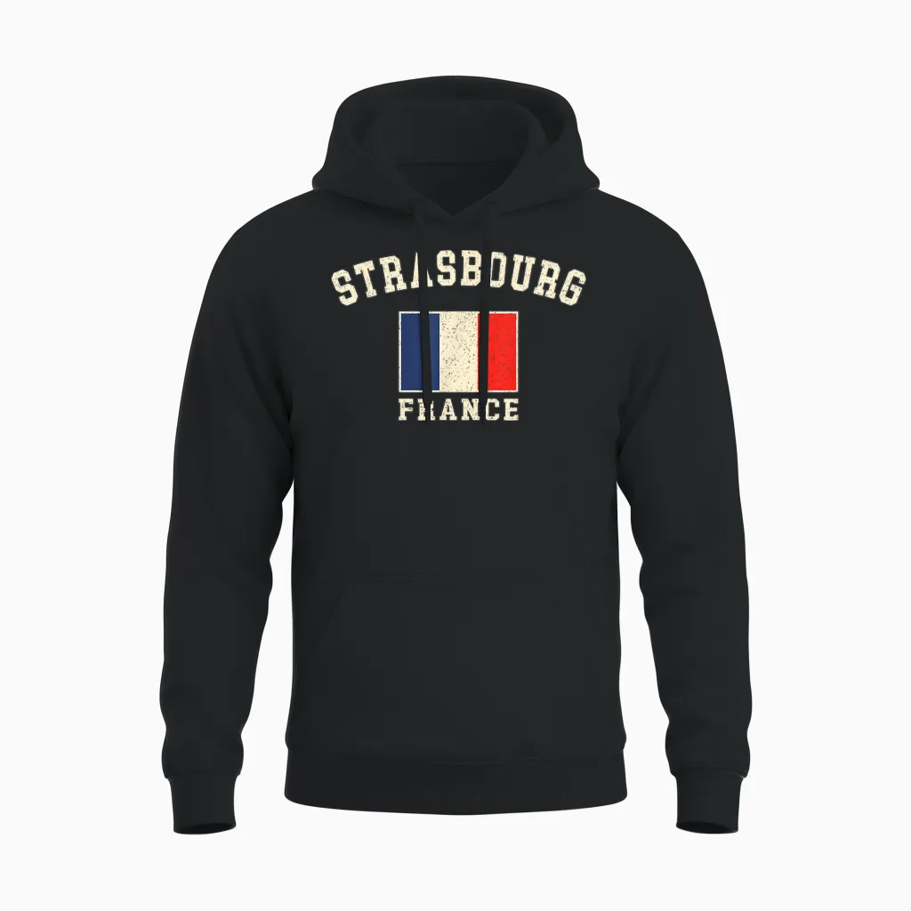 Vintage Straßburg Frankreich Französische Flagge Souvenir Retro Grafik Unisex Hoodie in Black