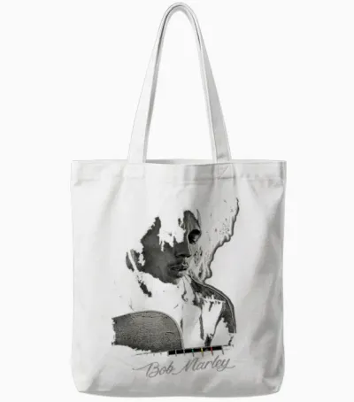 Bob Marley Catch a Fire Guitar Tee T-Shirt Small Tote Bags - White
