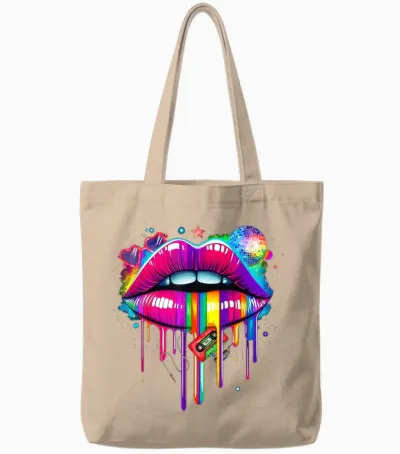 Colourful Lips Kissing Mouth Retro 80s Party Look Costume T-Shirt, Black, S Tote Bags - Natural