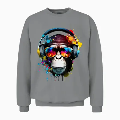 Dj Monkey Monkey with Sunglasses T-Shirt, Black Unisex Sweatshirt - Sport Grey