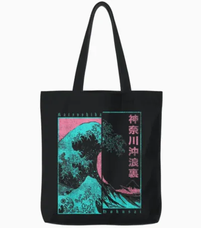 Japan Pop Art Welle Hokusai the Great Wave off Kanagawa Tote Bags - Black
