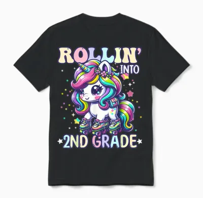 2nd Grade Back to School First Day Girl Rollin Unicorn Unisex T-Shirt - Black