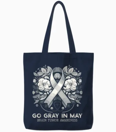 Go Gray in May Brain Cancer & Tumor Awareness Ribbon Grey T-Shirt, Black, S Tote Bags - Navy