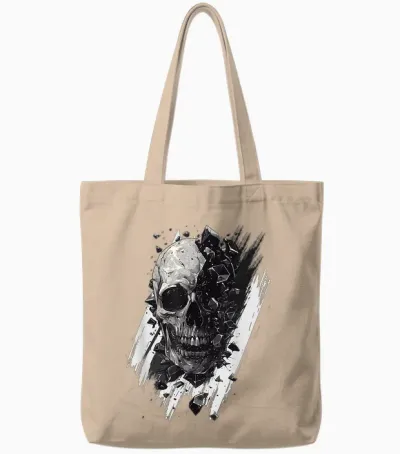 Modern Burst Skull, Hard Rock, Black and White Skull T-Shirt, Black, S Tote Bags - Natural