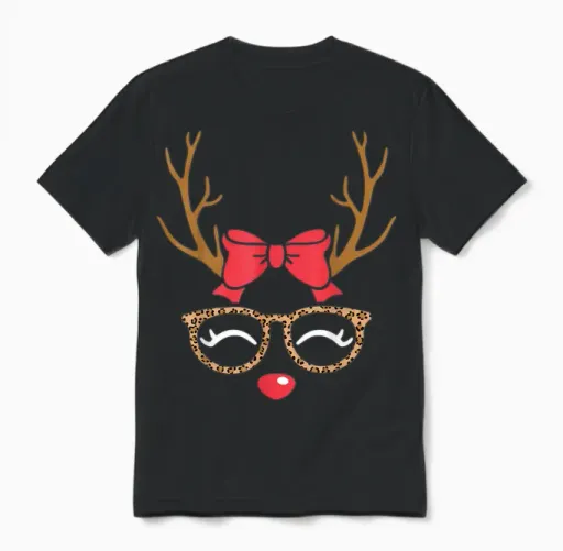 Reindeer Face Bow Leopard Glasses Christmas Womens Girls Unisex T-Shirt in Black
