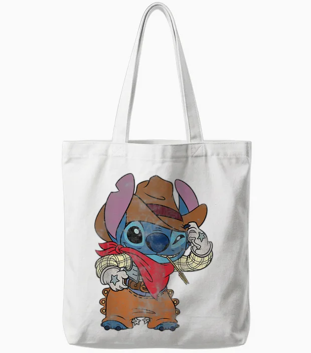 Disney Stitch Cowboy Costume Western Vintage Look T-Shirt, Black, S Tote Bags in White