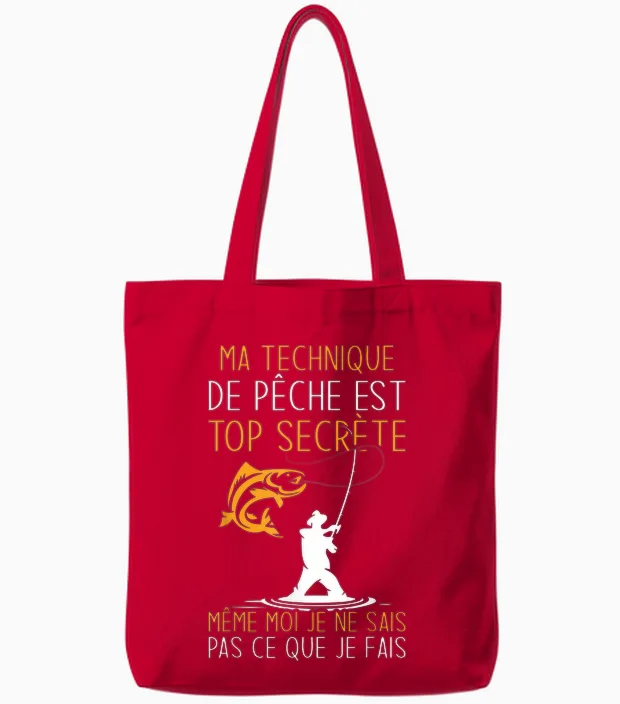 Funny Fisherman Fishing Technique Is Top Secret T-Shirt, Black, S Tote Bags in Red