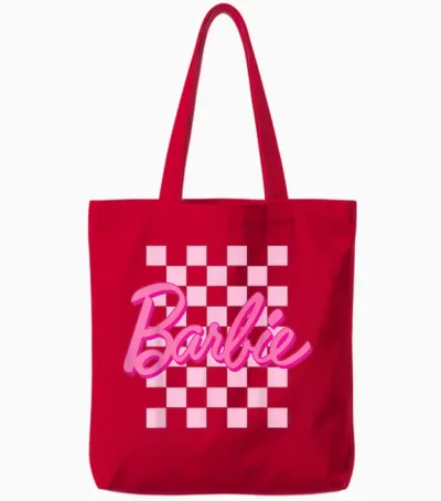 Barbie - Barbie Logo Checkered Background Short Sleeve T-Shirt for Women, Small Tote Bags - Red