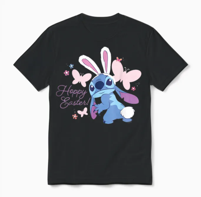 Disney Lilo & Stitch Hoppy Easter Bunny and Butterflies T-Shirt, Black Unisex T-Shirt in Black