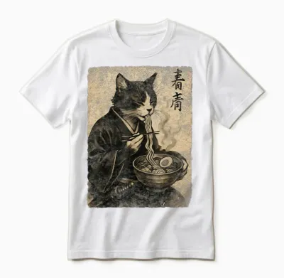Cat Samurai Vintage Ramen Japanese Retro Art Anime Aesthetic Unisex T-Shirt - White