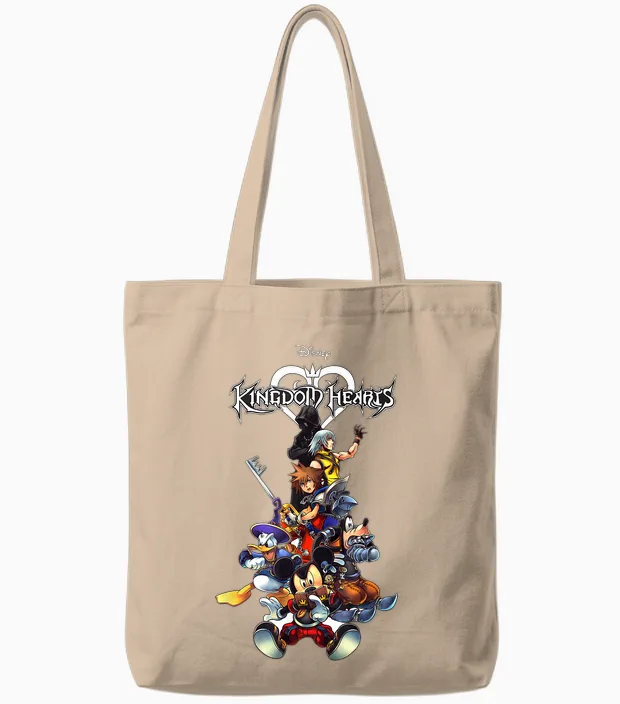 Disney Kingdom Hearts Group Shot Action Pose Logo Tote Bags in Natural