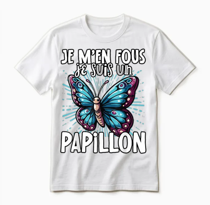 Je M'en Fous Je Suis Un Papillon - Cute Butterfly T-Shirt, Black, S Unisex T-Shirt in White