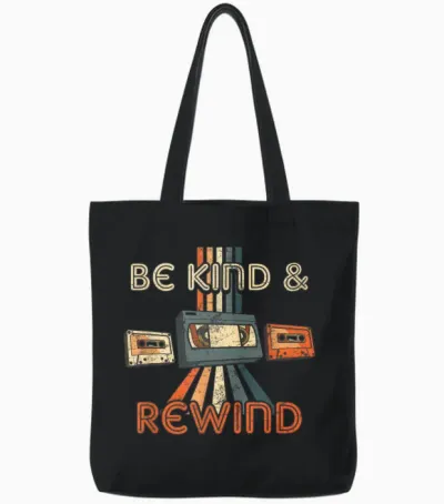 Be Kind & Rewind Vintage 90's Nostalgic 80's Throwback Tote Bags - Black