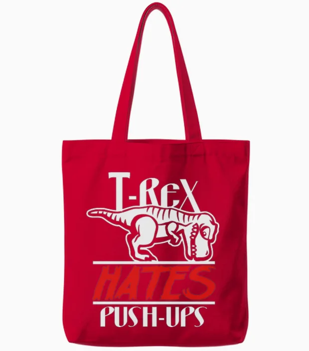 T-Rex Hates Push-Ups Tote Bags in Red