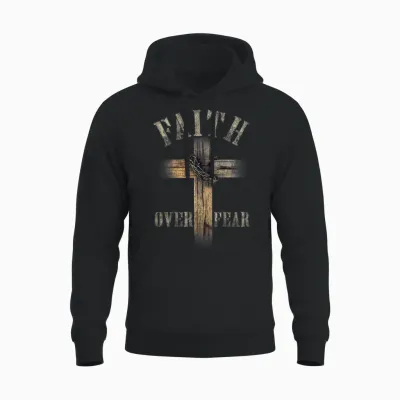 Faith Over Fear American Christian Cross God Jesus (on Back) Unisex Hoodie - Black