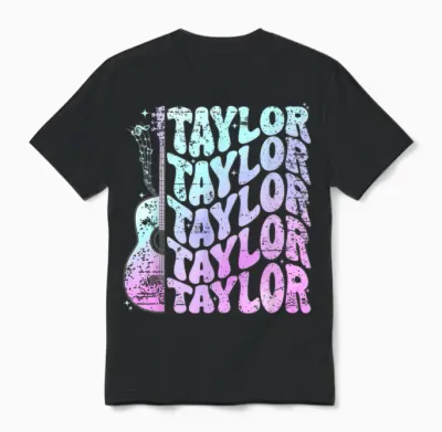 Girl Retro Taylor First Name Personalized Groovy 80's Pink Unisex T-Shirt - Black
