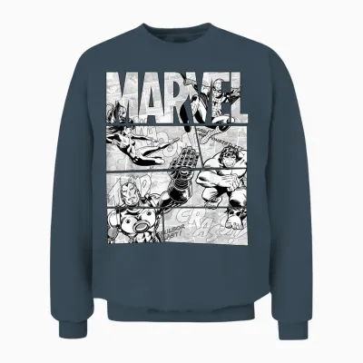 Marvel Avengers Retro Black and White Comic Graphic Short Sleeve Unisex Sweatshirt - Dark Heather