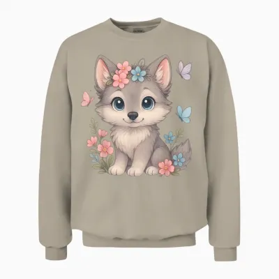 Cute Baby Wolf with Flowers Sakura Floral I Kids Wolf Women Unisex Sweatshirt - Sand