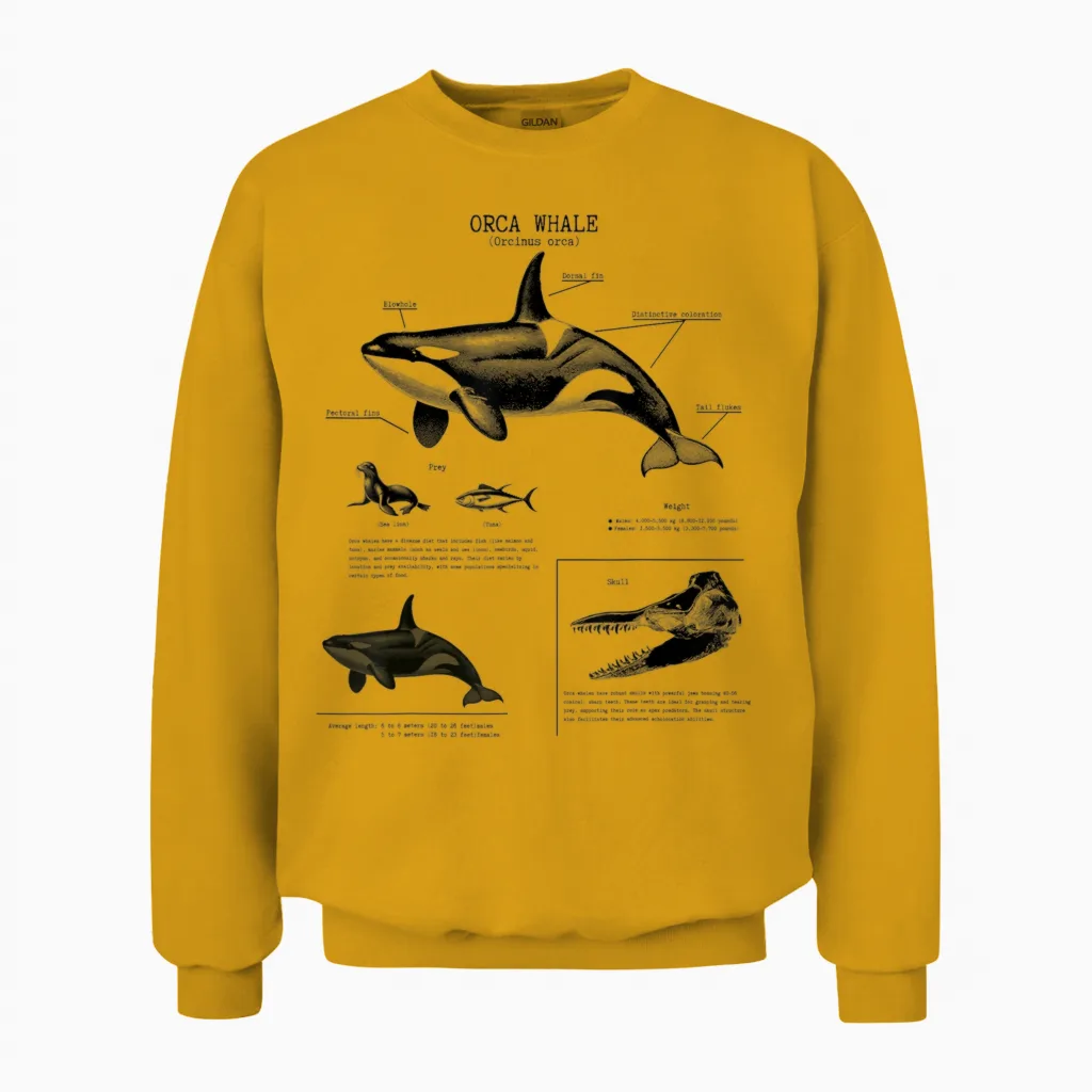 Orca Whale Anatomy Wall Lover Marine Biologist T-Shirt, White Unisex Sweatshirt in Gold