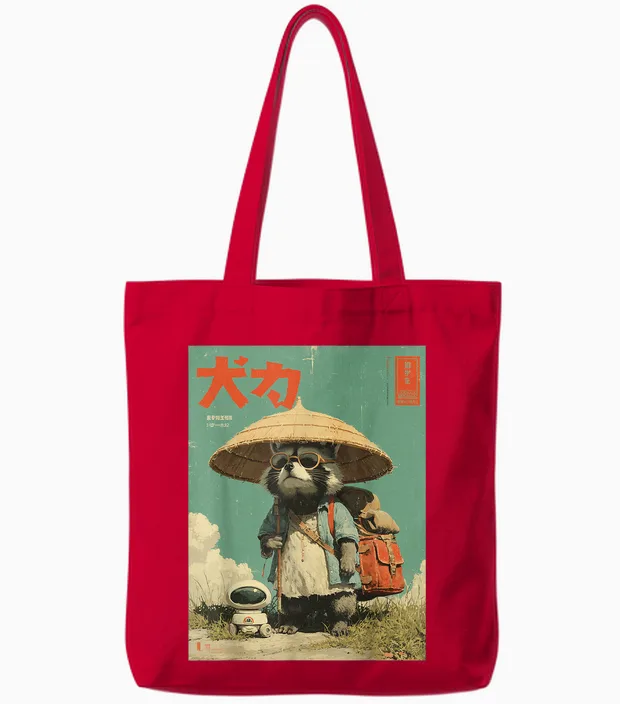 Vintage Otaku Tanuki Japanese Cute Raccoon Raccoon Samurai Tote Bags in Red