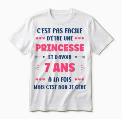 Child Girl 7 Years Child Princess Birthday Humour 7 Years T-Shirt, White, 2 Unisex T-Shirt - White