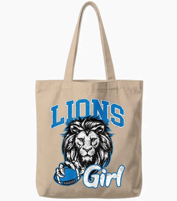 Lions Girl Shirt Messy Bun Funny Sports Fan Team Tote Bags in Natural