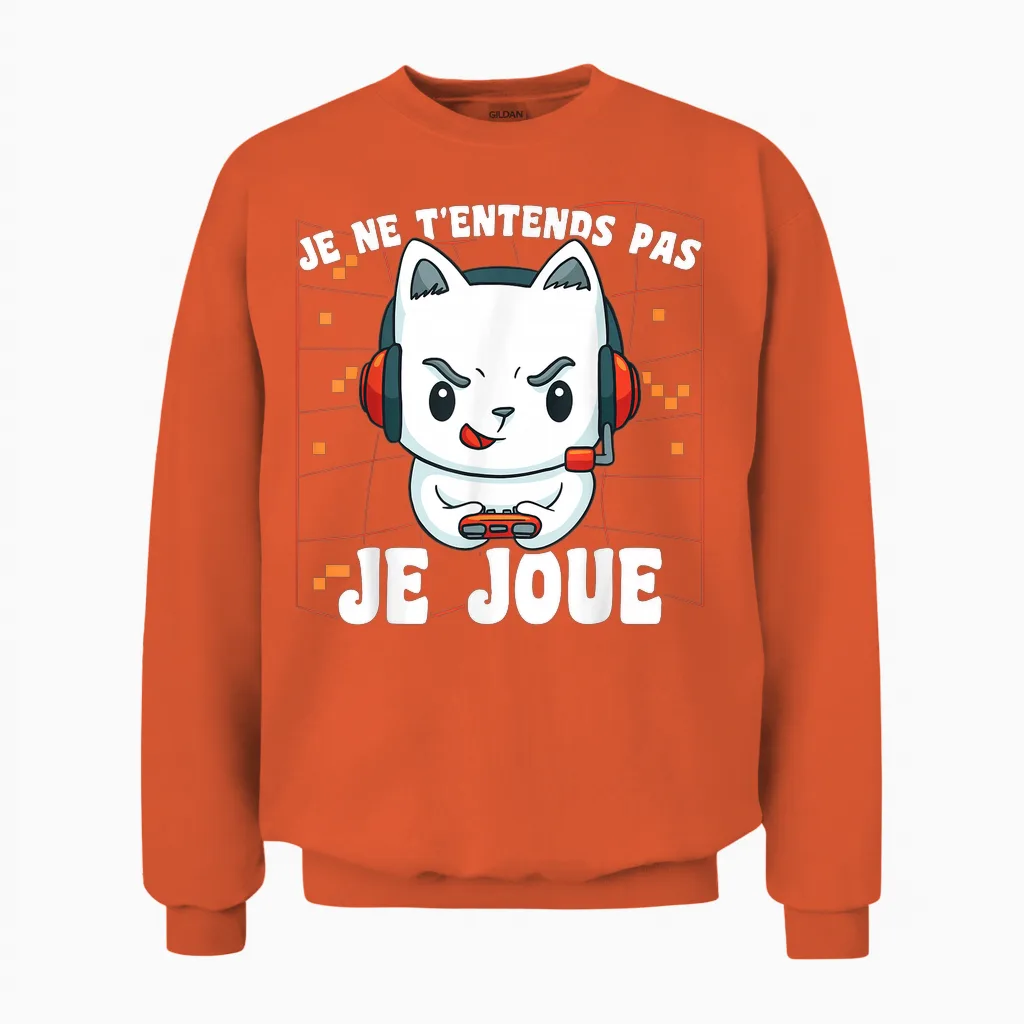 Kawaii Gamer Chat Je Ne T't'ends Pas Je Joue Gaming Geek T-Shirt, Black, S Unisex Sweatshirt in Orange