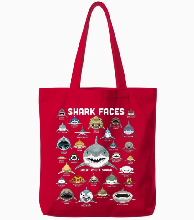 Shark Faces Shirt Shark Types Funny Biology Navy Shark T-Shirt, Black, S Tote Bags in Red