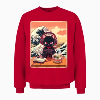 Retro Gamer Cat with Ramen Great Wave for Anime Fans Unisex Sweatshirt - Red